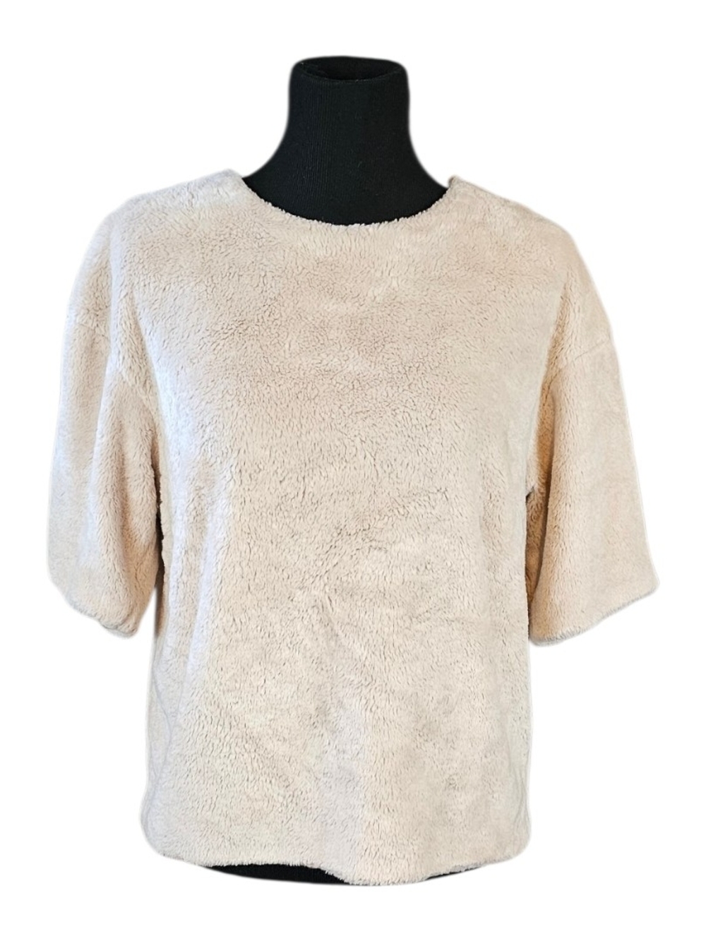 H&M Faux Fur Teddy Top Cream Satin Lined Short Sleeve Sweater Medium
